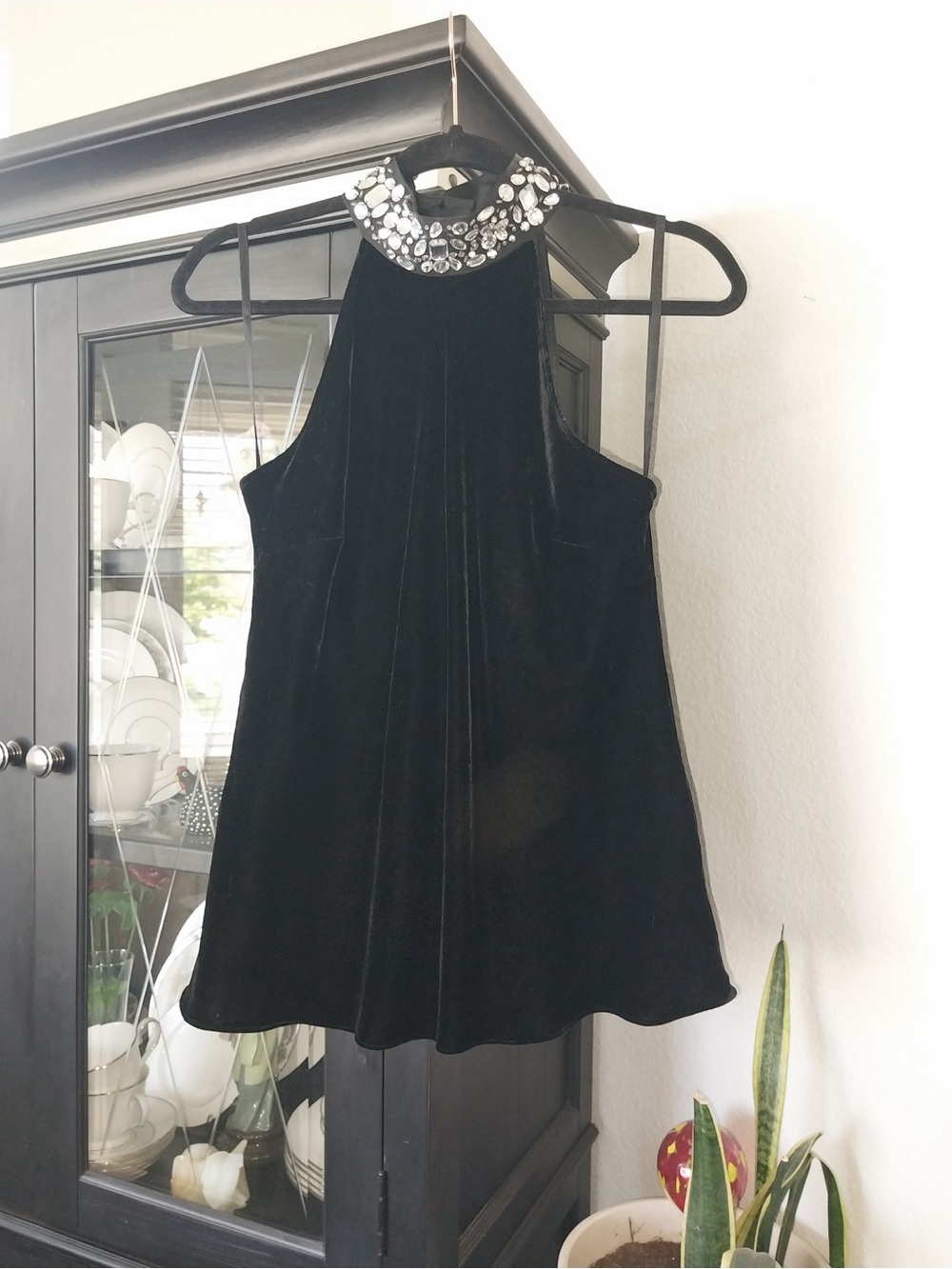 INC International Concepts Black Velvet Halter Tank with Jeweled Collar